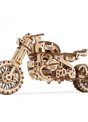 Дерев'яний механічний 3d конструктор ukrainian gears мотоцикл scramber з коляскою (70137)
