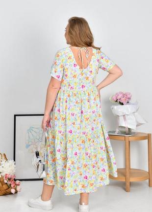 Летнее легкое платье с цветами длинная батал plus size на короткий рукав