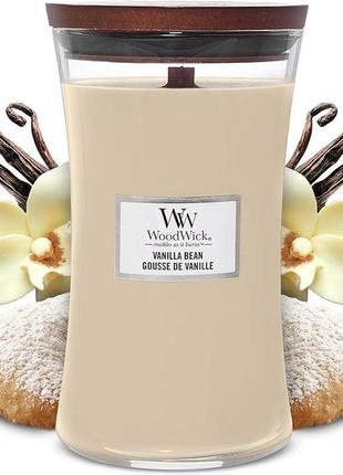 Велика ароматизована свічка woodwick ваніль і морська сіль  у банці у формі пісочного годинника з хрустким ґнотом –130 год