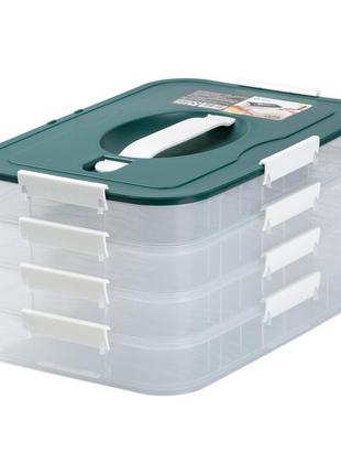 Четырёхъярусный пищевой контейнер, для хранения и замораживания продуктов зелёный 31,5*22*16,5 см.