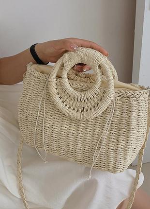 Жіноча літня плетена сумка кросбоді з круглими ручками і затяжкою всередині zanzibar молочна