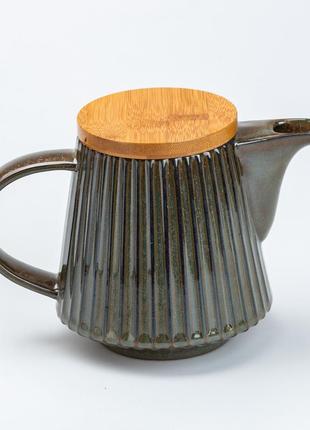 Заварочный чайник 850 мл керамический с бамбуковой крышкой зеленый с коричневым