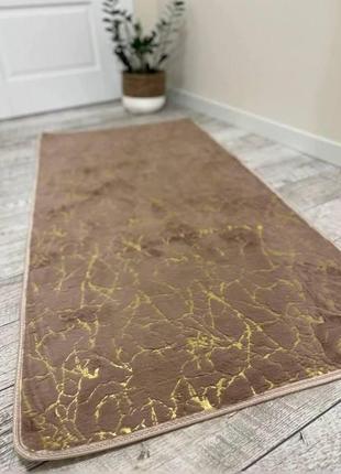 Килимок приліжковий мрамор пудра 100х200 см, килимок мрамор з золотом