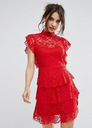 Ярусное кружевное красное платье plt мини нарядное праздничное на выпускное женское платье