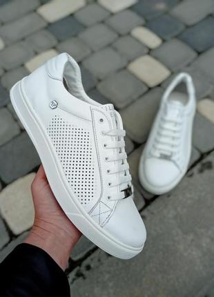 Чоловічі шкіряні кеди з логотипом philipp plein, білі кеди натуральна шкіра перфорація5 фото