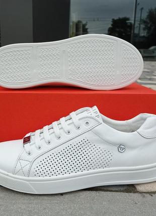 Чоловічі шкіряні кеди з логотипом philipp plein, білі кеди натуральна шкіра перфорація3 фото