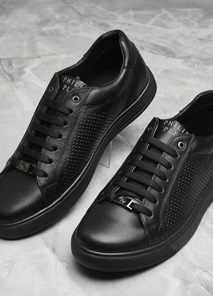 Мужские кожаные кеды с логотипом philipp plein, базовые кеды черные натуральная кожа перфорация