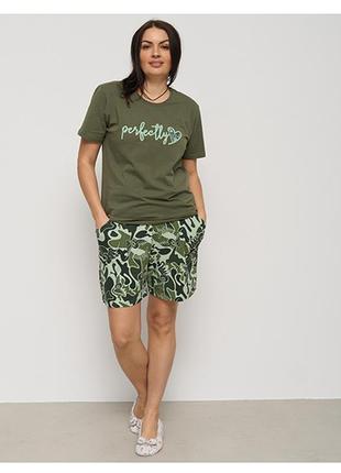 Пижама женская шорты и футболка с надписью зеленая 15307