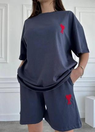 Женский летний удлиненный костюм шорты и футболка с вышивкой размеры 42-48
