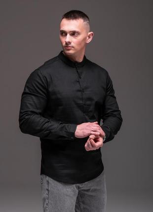 Рубашка мужская из льна длинный рукав, черная