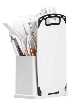 Набор кухонных принадлежностей на подставке 19 штук из силикона с бамбуковой ручкой, белый