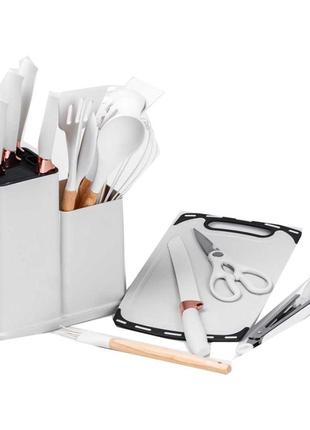 Набор кухонных принадлежностей на подставке 19 штук из силикона с бамбуковой ручкой, белый