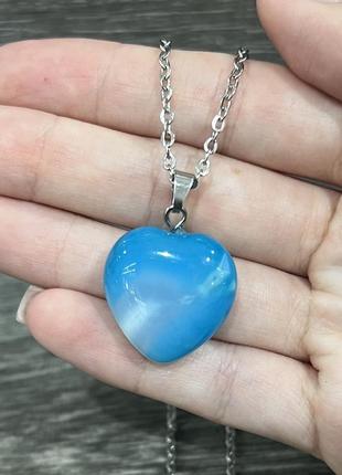 Натуральный камень голубой агат кулон в форме сердца на ювелирной цепочке - оригинальный подарок девушке