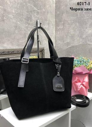 Замшевая черная сумка большая модная сумочка шоппер ds38