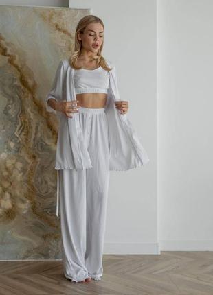 Жіночі піжамні штани в рубчик колір білий р.l 443812