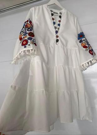 Турецкое оверсайз платье вышиванка с рукавами клеш с бахромой можно беременным