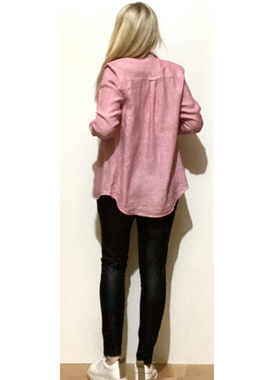 M-l сорочка лляна натуральний льон жіноча смужечка довгий рукав рожевий білий9 фото
