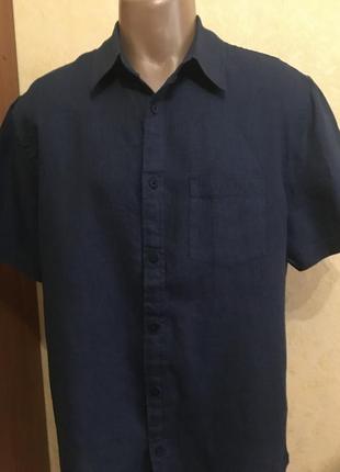 Синяя льняная рубашка с коротким рукавом