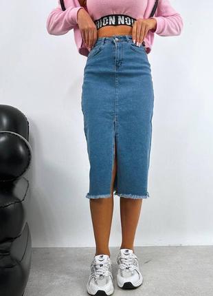 Жіноча джинсова спідниця міді з розрізом,женская джинсовая юбка миди с разрезом