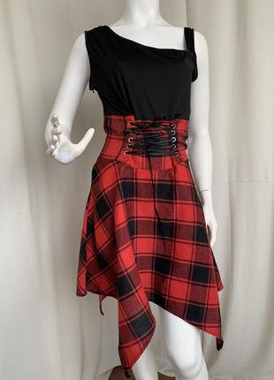 Готичное готическое панк платье в клетку черное красное3 фото