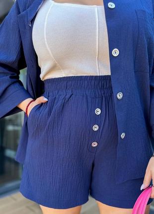 Синий женский летний легкий костюм коттоновый жатка батал plus size