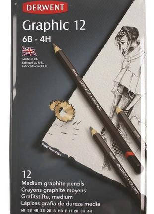 Набір графітних олівців derwent graphic designer medium 6в-4н 12 шт металевий пенал