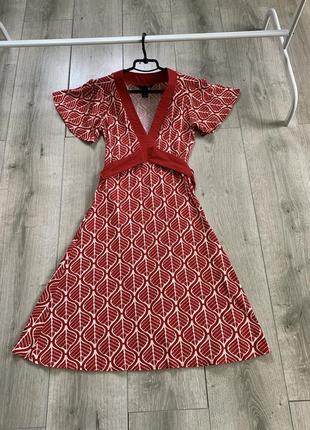 Платье платье в этно стиле красного цвета с поясом размер xs h&amp;m натуральная ткань коттон
