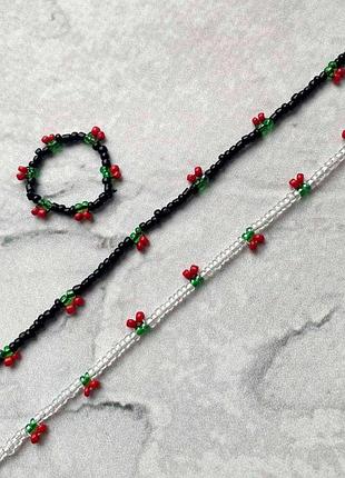 Білий чокер вишеньки вишні з бісеру чекер прозорий червоні намисто прикраса тренд топ 2024