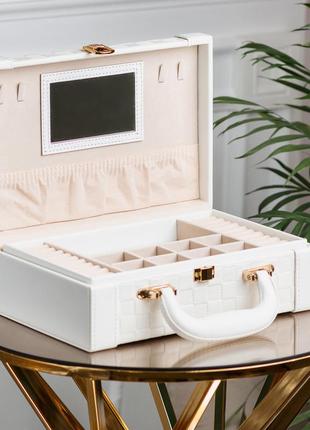 Шкатулка органайзер для украшений бижутерии прямоугольная 27 х 18.5 х 9 с зеркальцем чемодан из экокожи белая