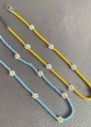 Голубой чокер блакитний ромашки желтые из бисера чекер украшение колье ожерелье летнее цветочки