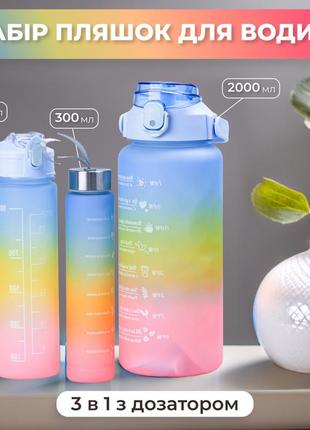 Багаторазова пляшка для води набір 3 в 1 з напувалкою райдуга 0.3 (л) 0.7 (л) 2 літри синий