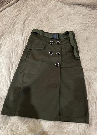 Юбка миди коттон джинс хаки
