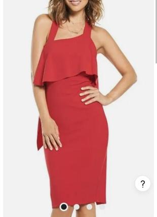 Шикарна елегантна яскрава червона асиметрична цупка сукня міді з воланом