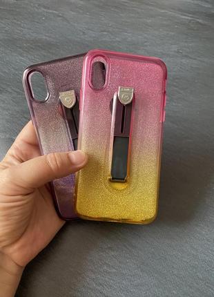 Чехол на iphone x/xs remax силикон с держателем для пальца, подставкой розово-желтый, черно-фиолетовый