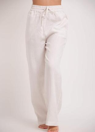 Лляні брюки на ризінці просторі брюки з льону rene lezard льняные брюки экрю брюки свободного кроя штаны с льна