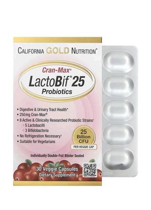 Lactobif, cran-max, пробиотики, 25&nbsp;млрд куо, 30&nbsp;растительных капсул