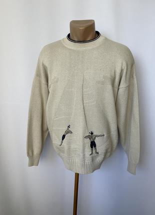 Сюжетный свитер джемпер винтаж винтажный теневой узор вышивка яхта яхтсмены пловцы парус море хлопок st michael 80е 90е