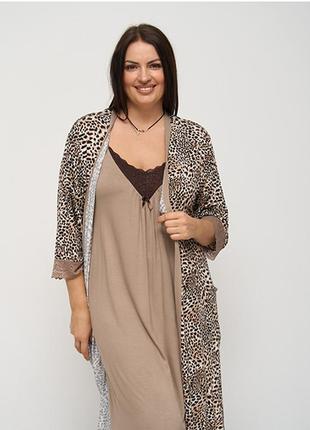 Нічна сорочка жіноча з халатом леопардова шоколадна 15333