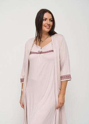 Нічна сорочка жіноча з халатом бежева 15335