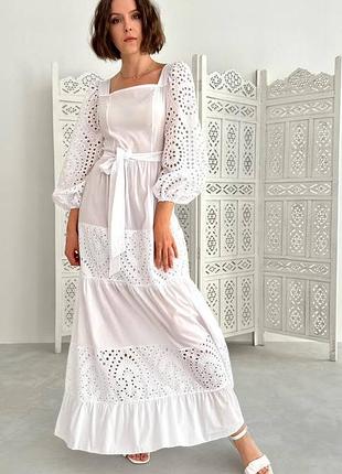 Длинное женское платье с поясом коттон + прошва