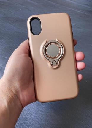Чехол на iphone x/xs плотный силикон розовое золото с магнитом и кольцом (держатель, подставка)