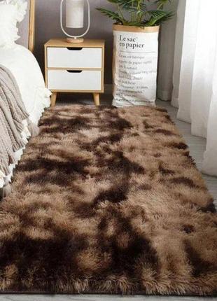 Хутряний ворсистий килимок коричневий травка 200х90 см, килимок приліжковий ворсистий