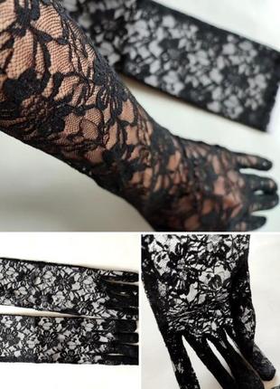 Гипюровые перчатки черные до локтя кружево кружные женские для фотосессии кружевные гипюр цветочные длинные высокие