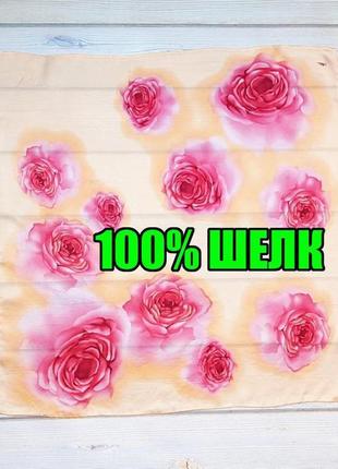 💥1+1=3 нежный персиковый шёлковый платок с розами в стиле прованс 100% шёлк