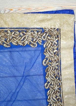 🤩1+1=3 шикарное синее с золотом вышитое индийское сари костюм