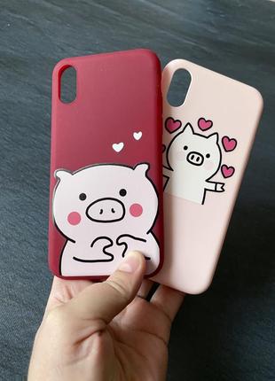 Чехол на iphone x/xs плотный силикон с свинкой, детский, розовый, бордовый (темно-красный)