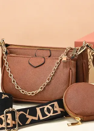 Жіноча міні сумочка клатч мульти сумка 3в1, набір сумок крос-боді через плече коричневий