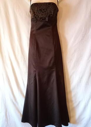 Длинное вечернее платье коричневое стрейч атлас гипюр кружево подкладка