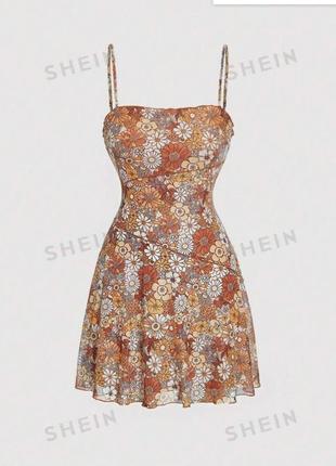 Сарафан платье shein на размер l с цветочным принтом оранжевый