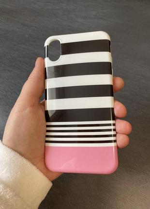 Чехол на iphone x/xs плотный силикон глянцевый, плотный силикон, в черно-белую полоску, с розовым